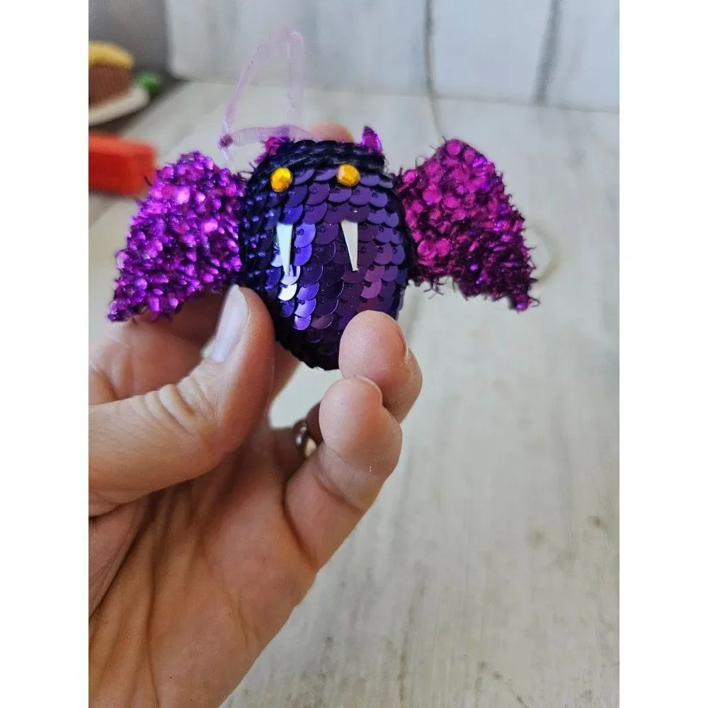 Pier 1 sequined bat ornament purple glitter‎ Xmas vintage tree unique